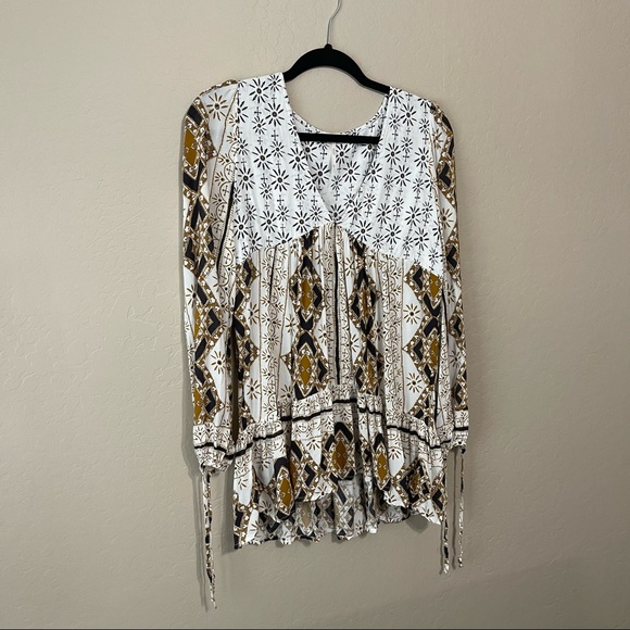 Free People geometry boho tunic long sleeve top dress XS white black brown stars - Picture 6 of 12
